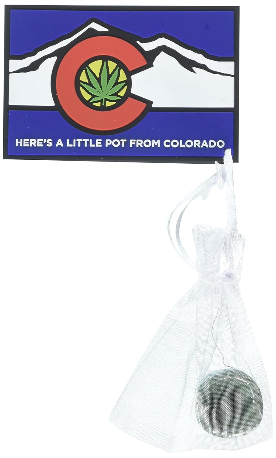 "Here's a Little Pot From Colorado" Rubber Fridge Magnet. Comes With Handmade, Glazed Pottery "Little Pot" Attached in White Organza Bag. Perfect Souvenir Novelty Gift. The Original "Legal" Dimebag.