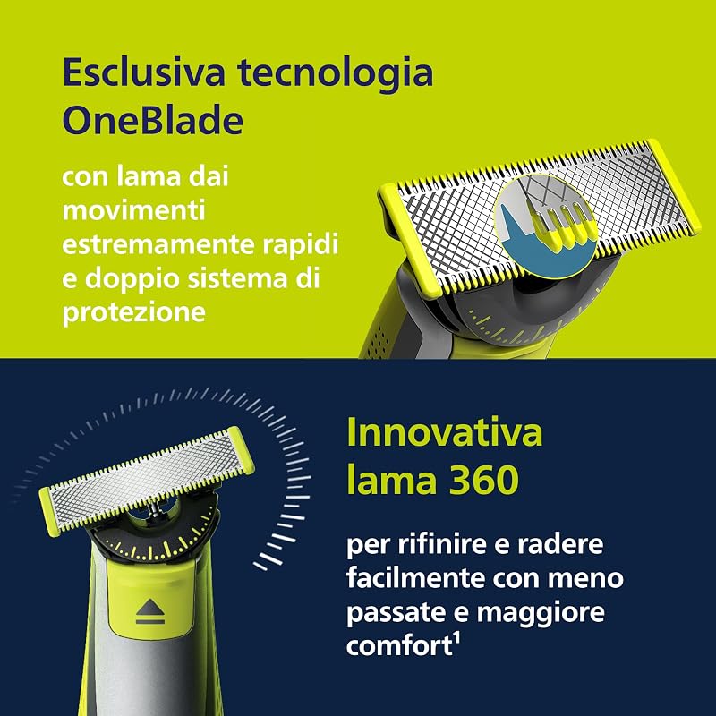 OneBlade QP2834/31 - Regolabarba elettrico 360 autentico, per viso e corpo, 3 lame da 360, 4 pettini per barba (1, 2, 3, 5 mm), 1 kit per il corpo