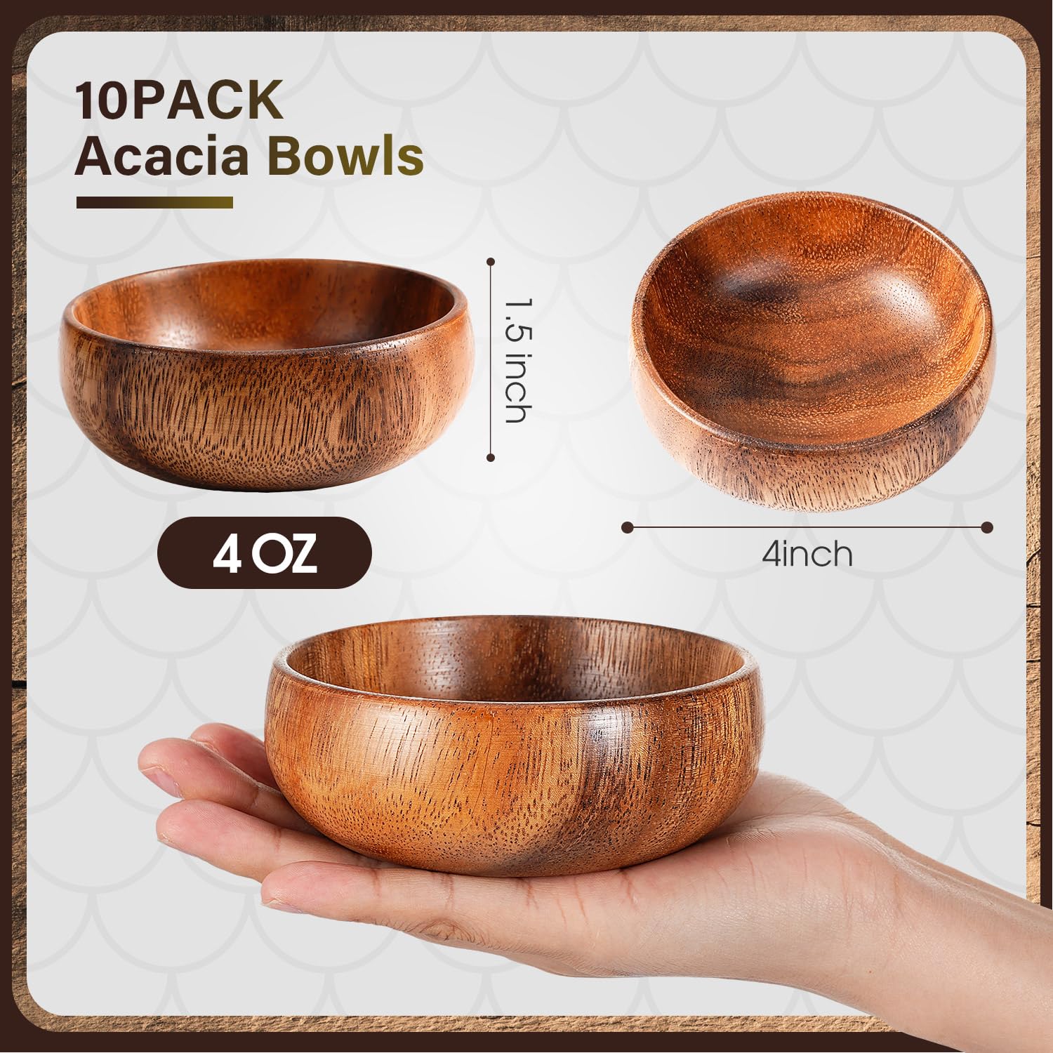 Skylety Acacia Wooden Bowls Small Calabash Bowls Round Wood Salad Hand Carved Calabash Dip Tray for Serving Popcorn Pasta Candy Cereal Coconut Nuts Sauce Appetizers Kitchen(10 Pcs,4 Inch) - Image 2