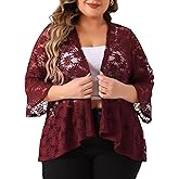 Agnes Orinda Plus Size Lace Cardigans for Women Open Front 3/4 Bell Sleeve Sheer Lace Crochet Formal Bolero Shrugs