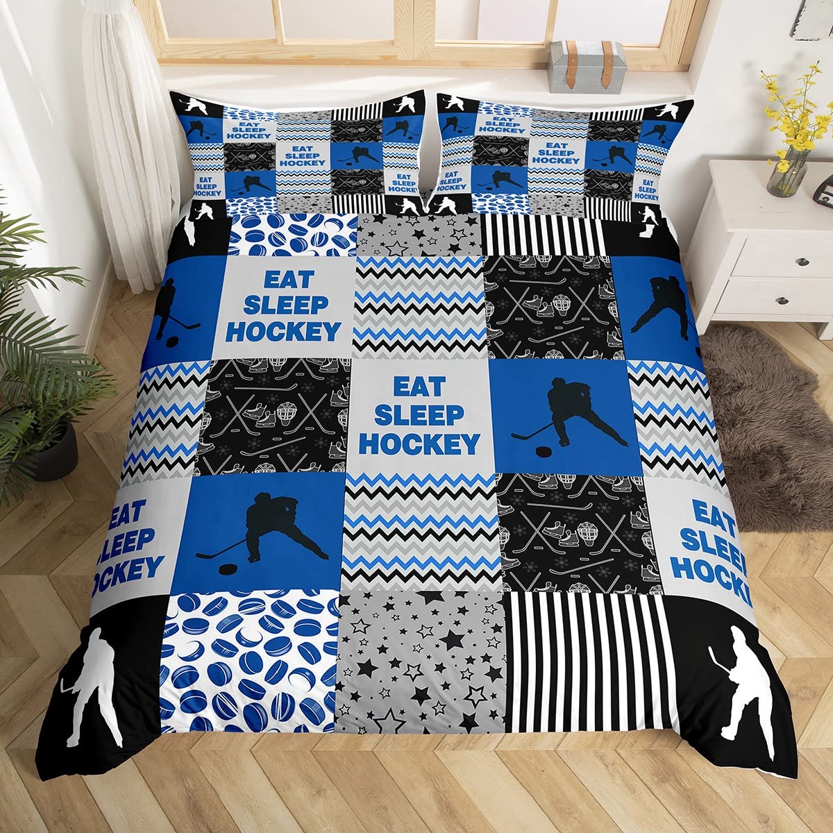 Ice Hockey Bedding Set Kids Hockey Player Hockey Punk Comforter Cover Set for Boys Girls Men Winter Sports Duvet Cover Breathable Blue Grid Geometric Bedspread Cover Single