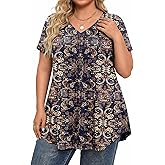 IN'VOLAND Womens Plus Size Tops Short Sleeve Summer V Neck Shirts Flowy Dressy Casual Tunic Blouses 1X-5X