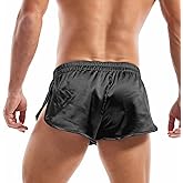 AMY COULEE Mens Sexy Satin Shorts Large Split Side Boxers Silky Pajamas Sleepwear with Pouch Liner