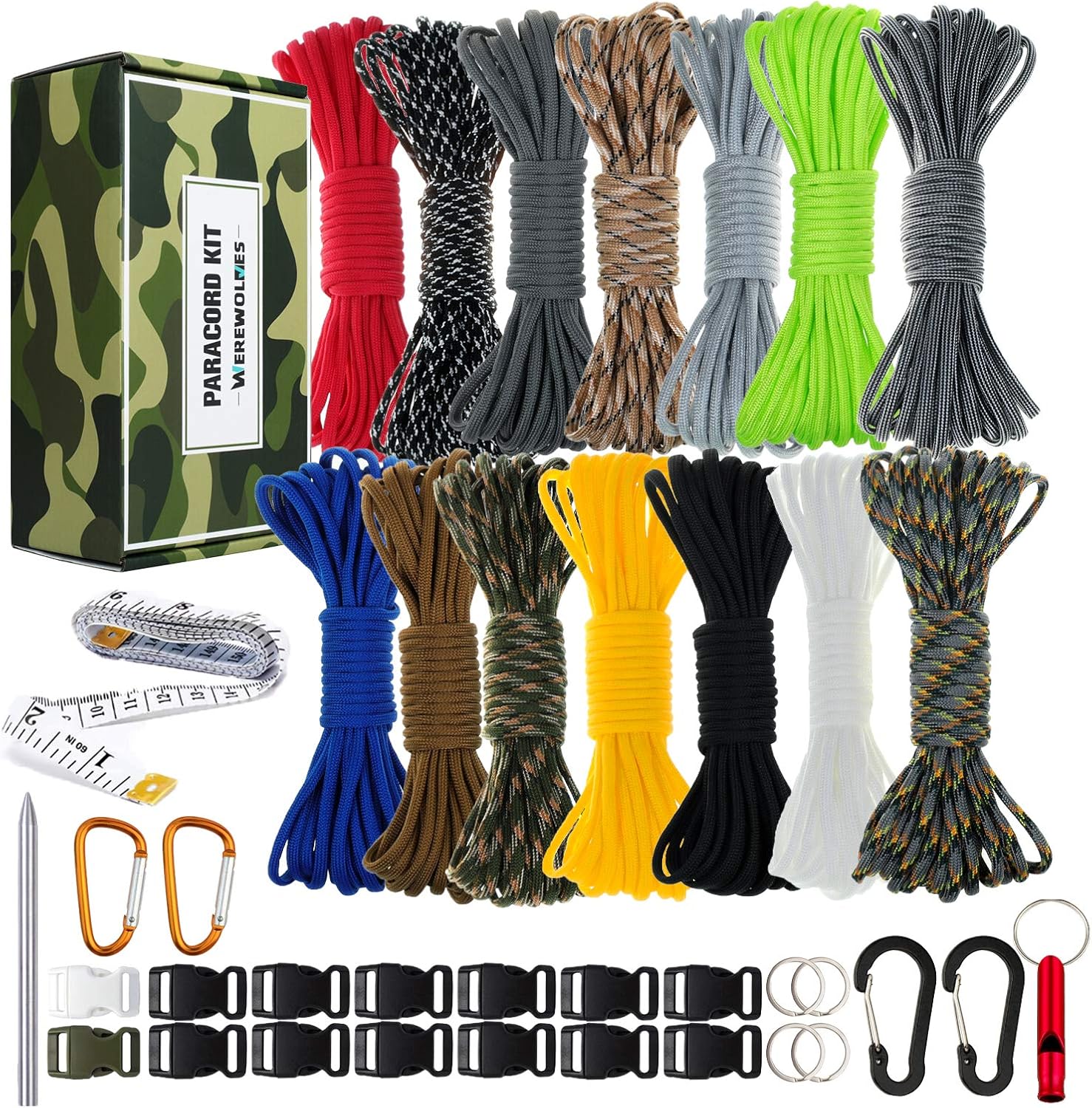 WEREWOLVES 550 Paracord - Survival Paracord Bracelet Crafting Kits Crafting Kits - Parachute Cord with Soft Tape Measure, Buckles, Carabiner, and Key Rings -Multicolor Rope Gift Box : Sports & Outdoors
