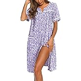 Ekouaer Nightgowns for Women House Dress with Pockets Button Down Sleepshirt Short Sleeve Nightshirt Housecoat S-XXXL