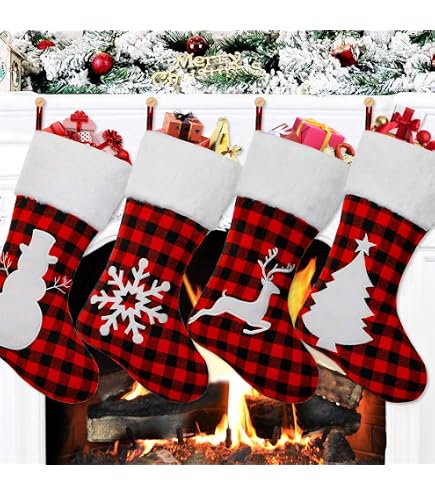 Buffalo Plaid Christmas Stockings Set Of 5 - Large Red & Black Stockings For Mantel Decor - View #5