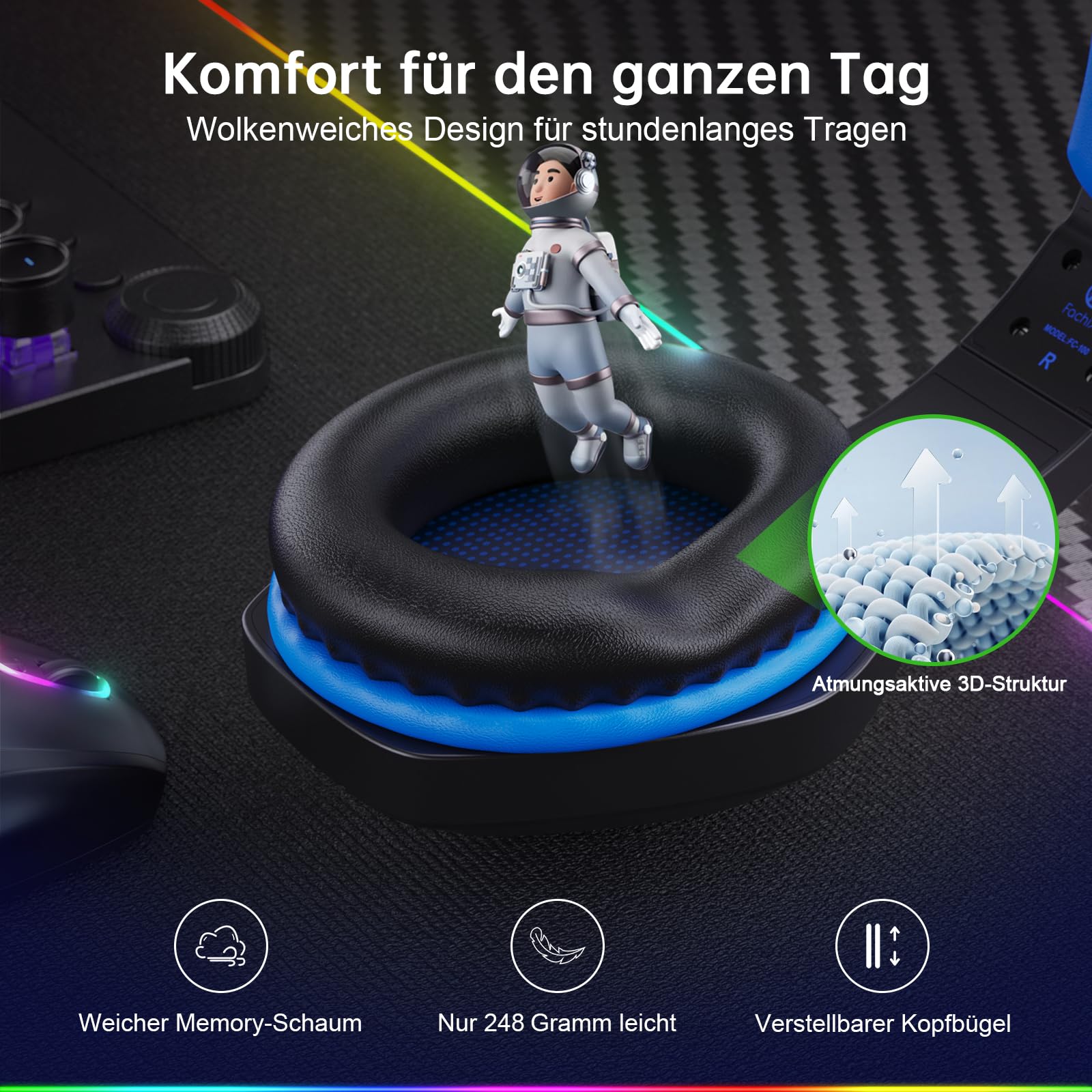 Fachixy FC100 Headset mit Mikrofon, 2,4G Wireless Gaming Headset für PS5, PS4, PC, Switch, Mac, Surround Sound Bluetooth Gaming Kopfhörer kabellos mit LED Licht, Über 50 Stunden Akkulaufzeit 7