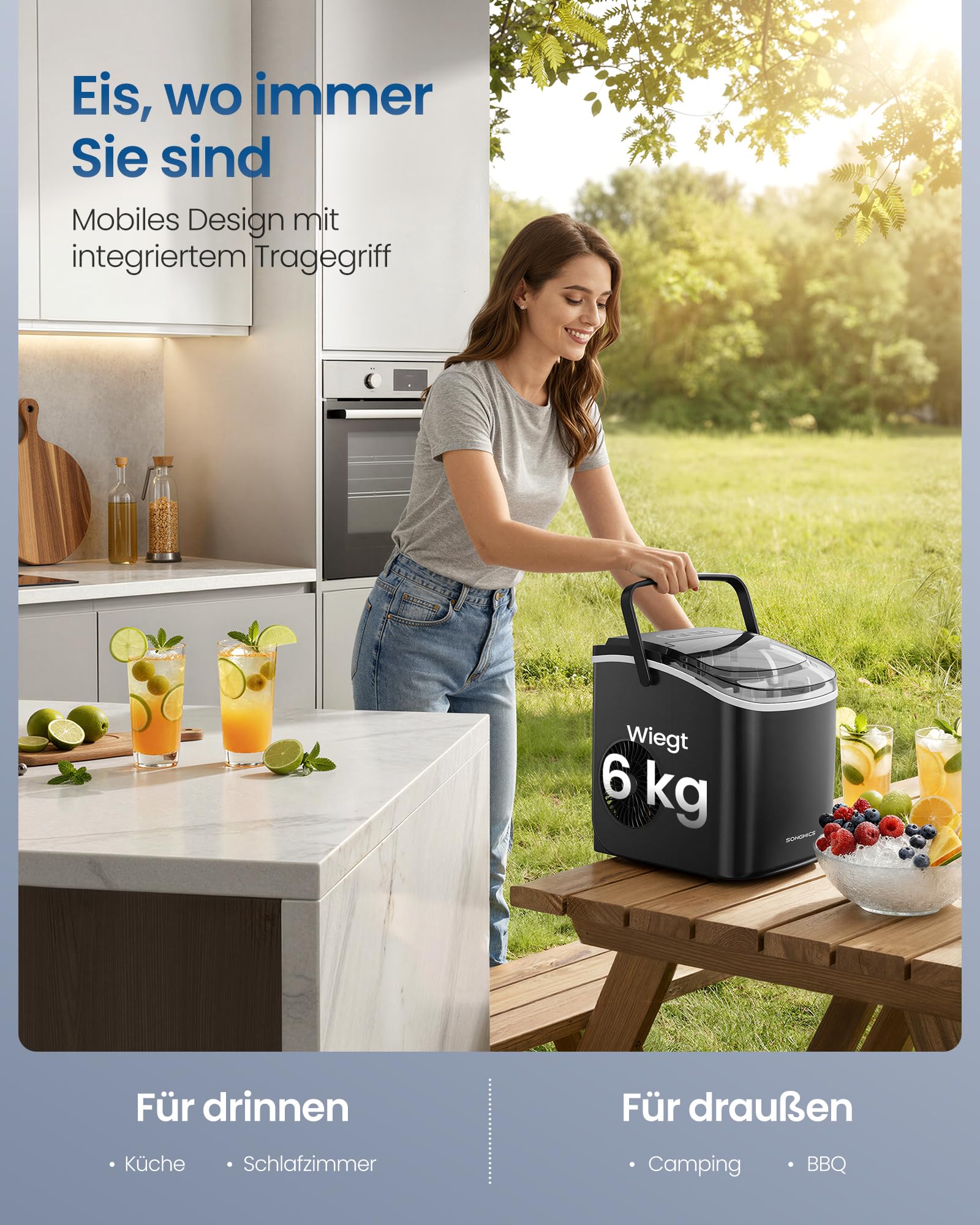 SONGMICS Eiswürfelmaschine, Eiswürfelbereiter, Eismaschine mit Selbstreinigung, in 6 Minuten 9 Würfel in 2 Größen, 12 kg in 24 Stunden, tragbar, Küche, WG, Party, Camping, tintenschwarz XZB001B1EU 6