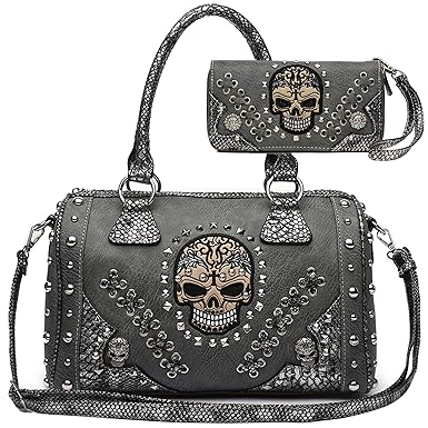 WESTERN ORIGIN Sugar Skull Day of the Dead Punk Art Purse Removable Strap Women Satchel Handbag Shoulder Bag Wallet Set (Gray Set)