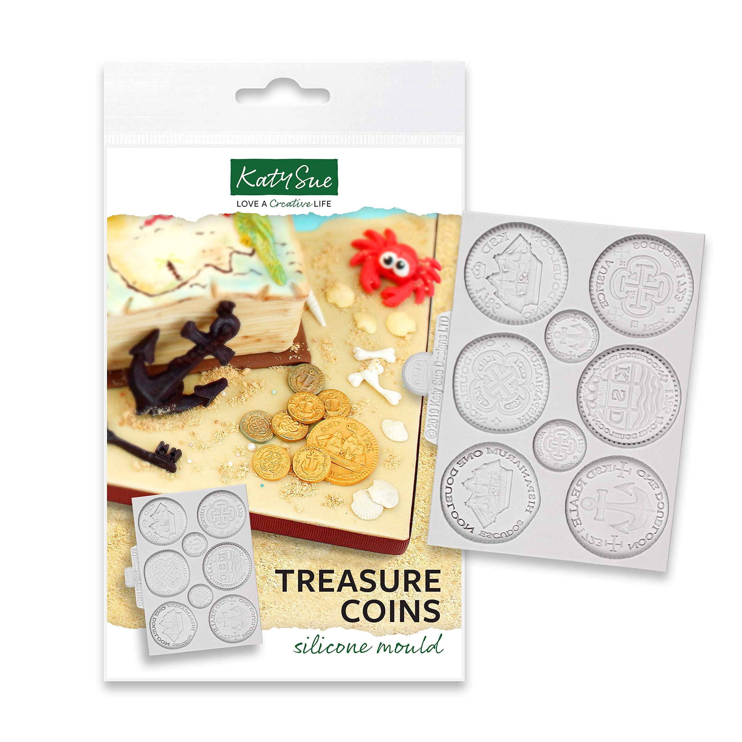 Katy Sue Treasure Coins Silicone Mould for Cake Decorating & Crafts for Fondant & Air Dry Clay. Makes 6 Large Coins 32 Millimetres Diameter & 2 Small Ones 16 Millimetres Fondant Moulds