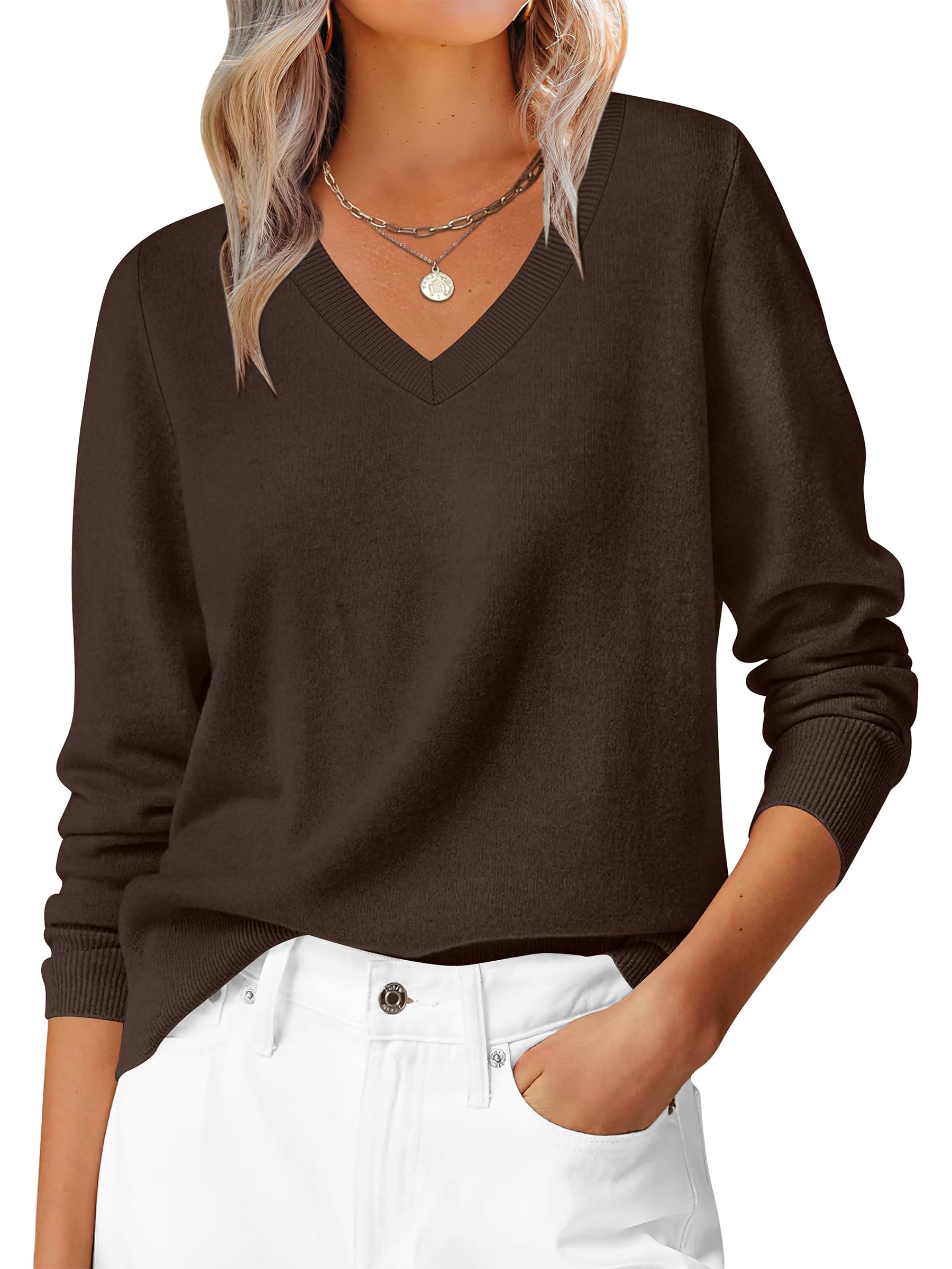 Photo 1 of ***(STOCK PHOTO FOR REFERENCE ONLY/ BABY BLUE)***ANRABESS Womens Long Sleeve V Neck Sweaters 2025 Fall Casual Classic Soft Loose Fit Basic Pullover Jumper Top Coffee Large