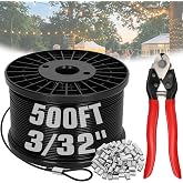 500FT 3/32" Black Vinyl Coated 304 Stainless Steel Wire Rope Cable with 200 Pcs Sleeves &amp; Cutter, Suitable for String Light, Clotheslines, Trellis Wire, Deck Railing, Hanging DIY Projects