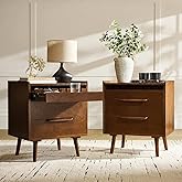 HULALA HOME 2 Drawer End Table with Pull-Out Shelf, Mid-Century Modern End Table with Wood Legs, Wood Side Table with Chargin