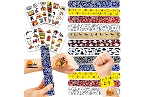 Fybnqlira 98PCS Cowboy Party Favors Set, 24 Slap Bracelets & 74 Temporary Tattoos, Western Rodeo Birthday Decorations, Wild W