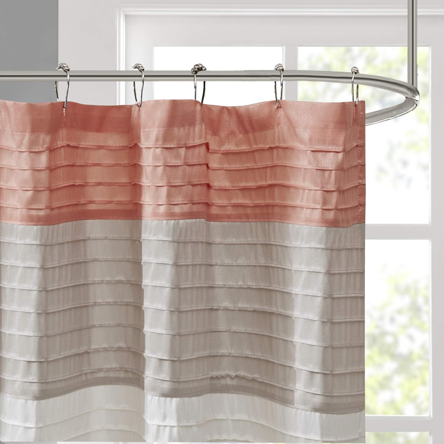 Madison Park Amherst Bathroom Shower Faux Silk Pieced Striped Modern Microfiber Bath Curtains, 72x72 Inches, Coral: Home & Kitchen