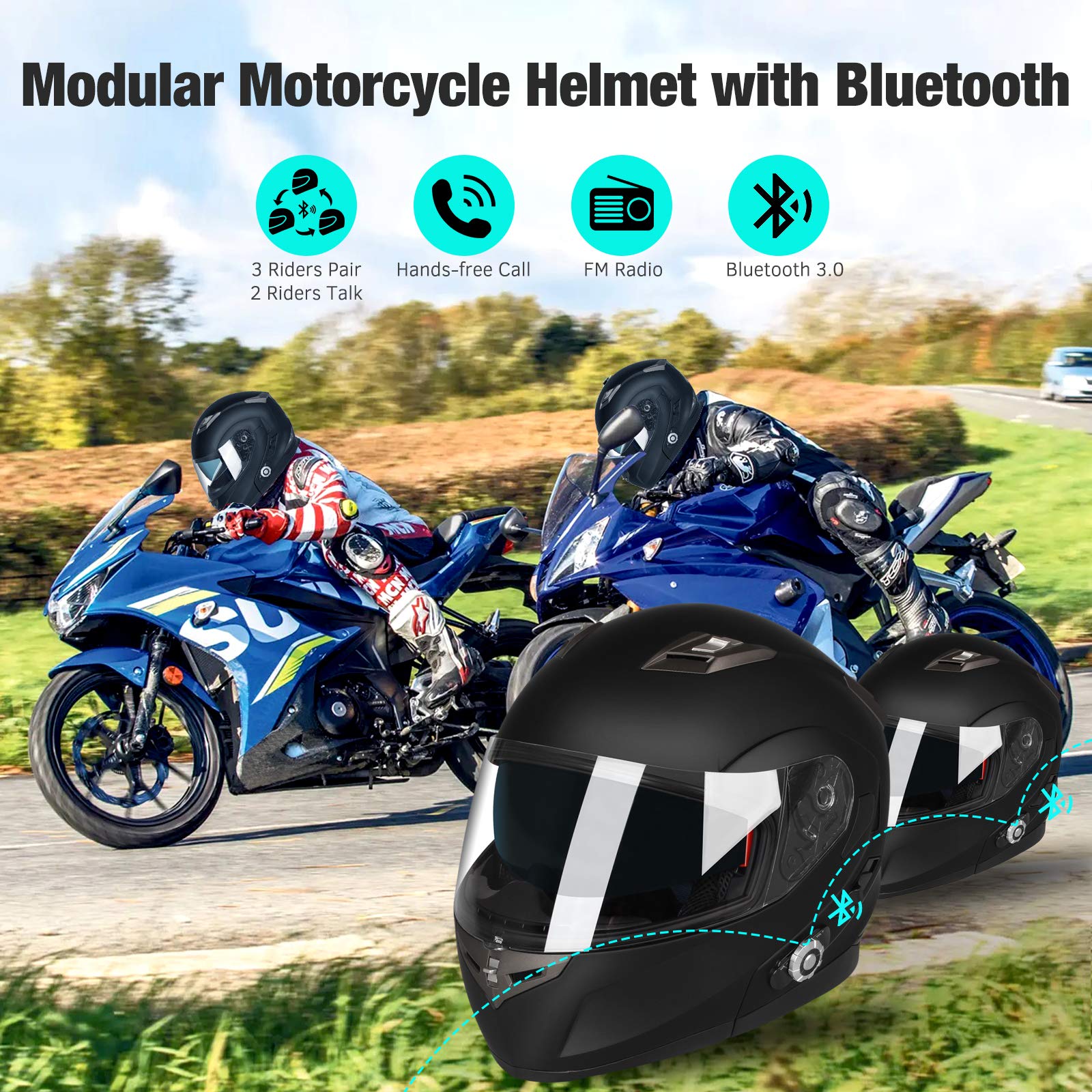Used Like New/ Very Good FreedConn BM2-S Modular Flip Up Bluetooth Integrated Motorcycle Helmet Dual Visor 2 Riders Intercom ( Matte Black, M)