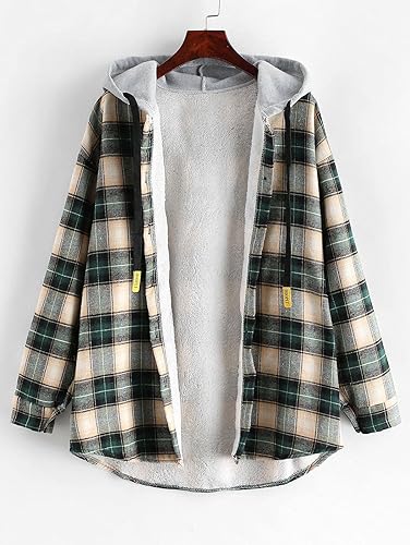 ZAFUL Women's Plaid Fleece Lined Hooded Jacket Button Up Oversized