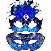 MYSEUNI Masquerade Mask for Couple with Feathers - Womens Feather Carniva Masks & Men Venetian Mask for Halloween, Christmas