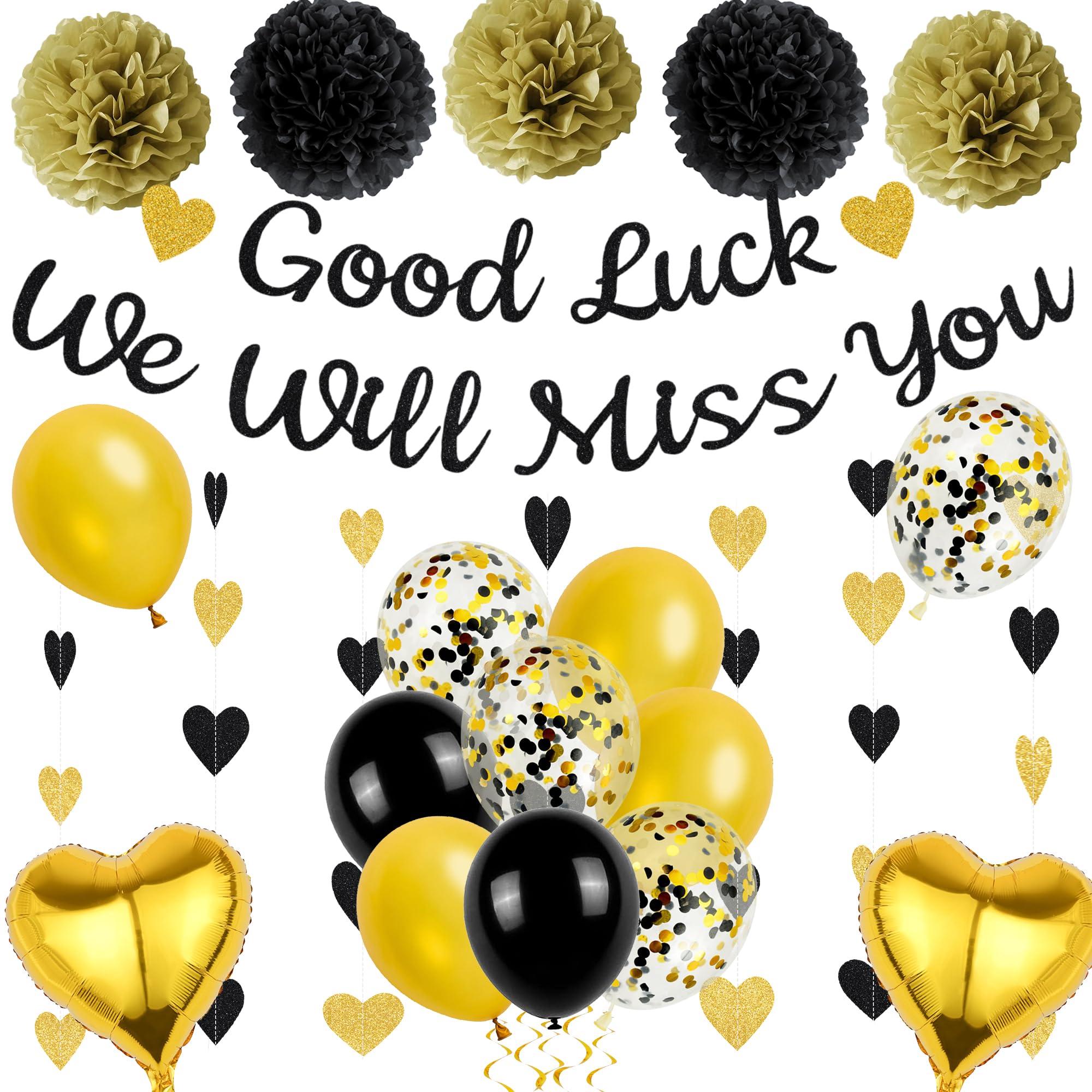 We Will Miss You Banner Decorations - Black and Gold Sorry Your Leaving Party Supplies Garland Good Luck Banners, Paper Pom Poms Balloons for Retirement Going Away Themed Party