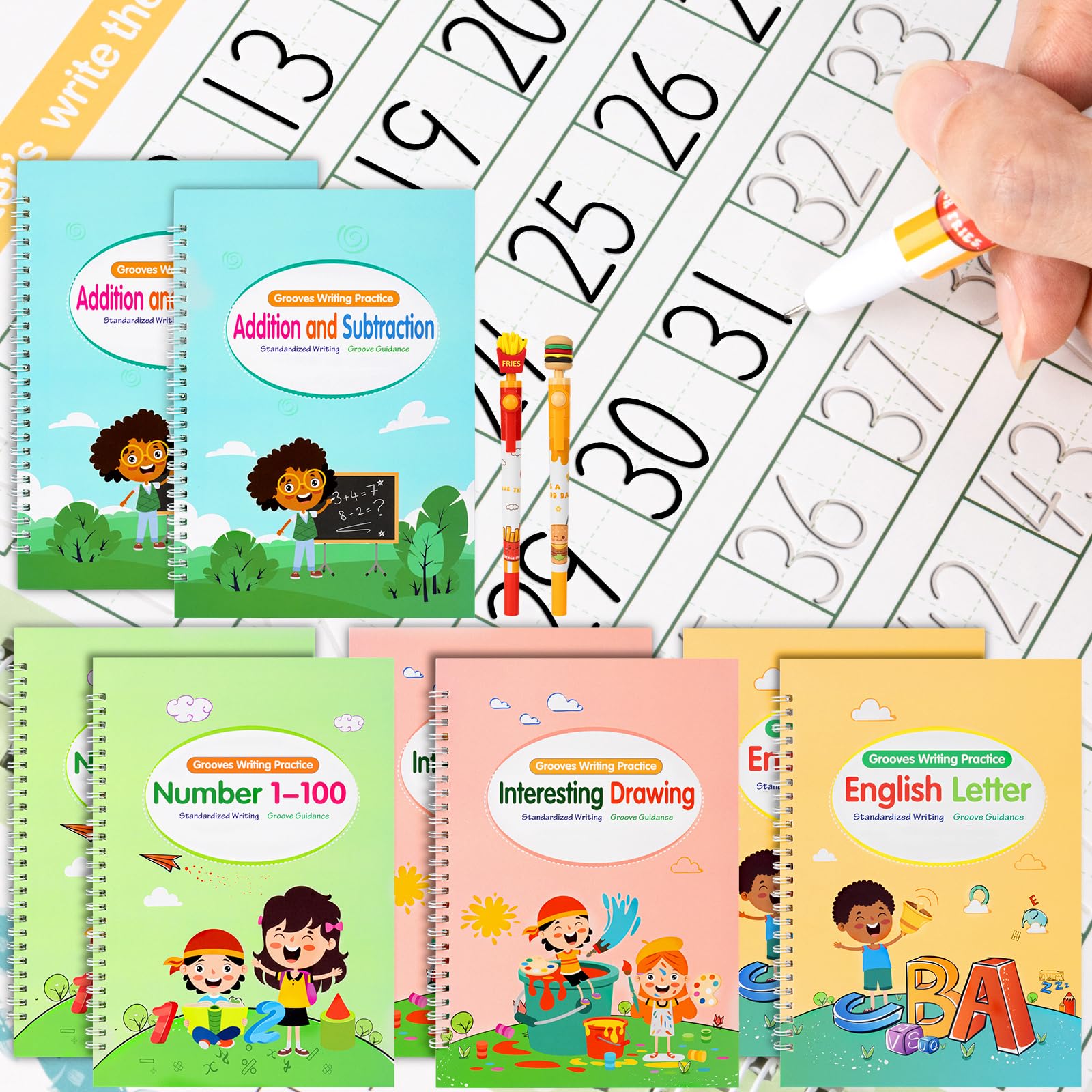 Photo 1 of Large Size Grooved Writing Books for Kids Age 3-5 6-8, 8 Pack Grooved Writing Practice Copybooks, Handwriting Prastice with Cute Fade-Resistant Pens, Workbooks Number Letter Tracing for Kids