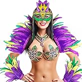 Maiteenly 4 Pcs Mardi Gras Outfit for Women Carnival Real Feather Boa Wrap Costume Accessories Feather Cape Wrist Cuffs Mask