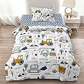 Leaflin 4-Pcs Construction Twin Size Boys Bedding Set, Kids Comforter Set for Teens w/Sheets and Pillowcase, Soft Cartoon Tractor Cars Bed in a Bag Sets