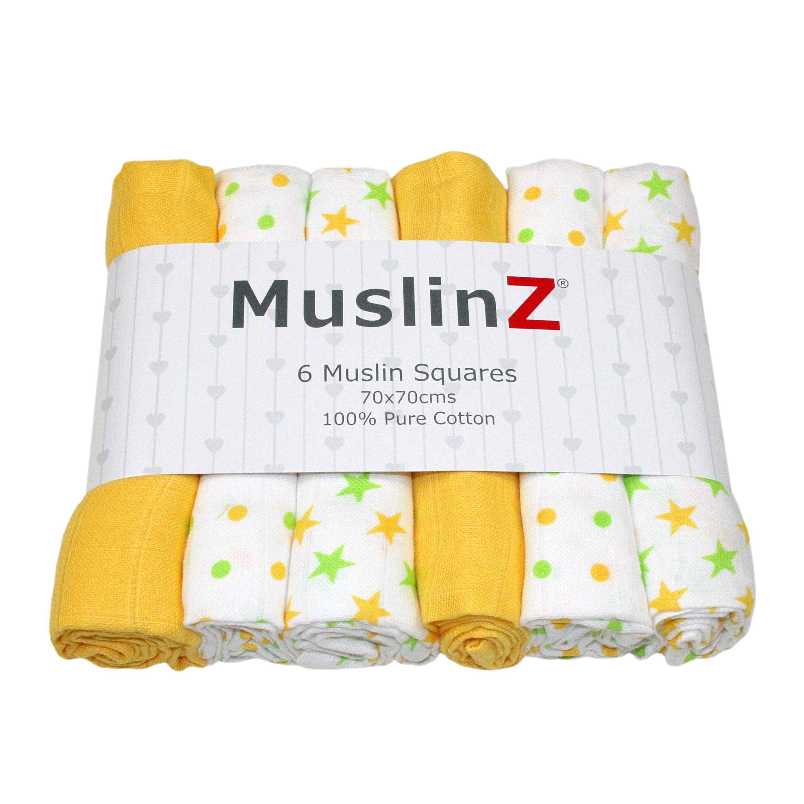 MuslinZ 6pk Baby Muslin Squares - Baby Burp Cloths - Muslins for Baby -100% Pure Soft Cotton - 70x70cm - Newborn Baby Essential (Yellow Star, 70 x 70 cm (Pack of 6))