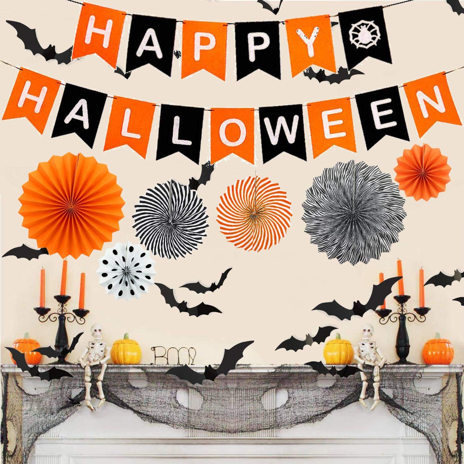 Halloween Party Decoration Kit - Happy Halloween Banner and Hanging Paper Fans Black Orange 3D Bat Stickers for Halloween Decoration: Health & Personal Care