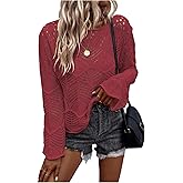 BEAUDRM Women's Crochet Sweater Hollow Out Lightweight Sweaters Crew Neck Long Sleeve Casual Pullover Knit Top