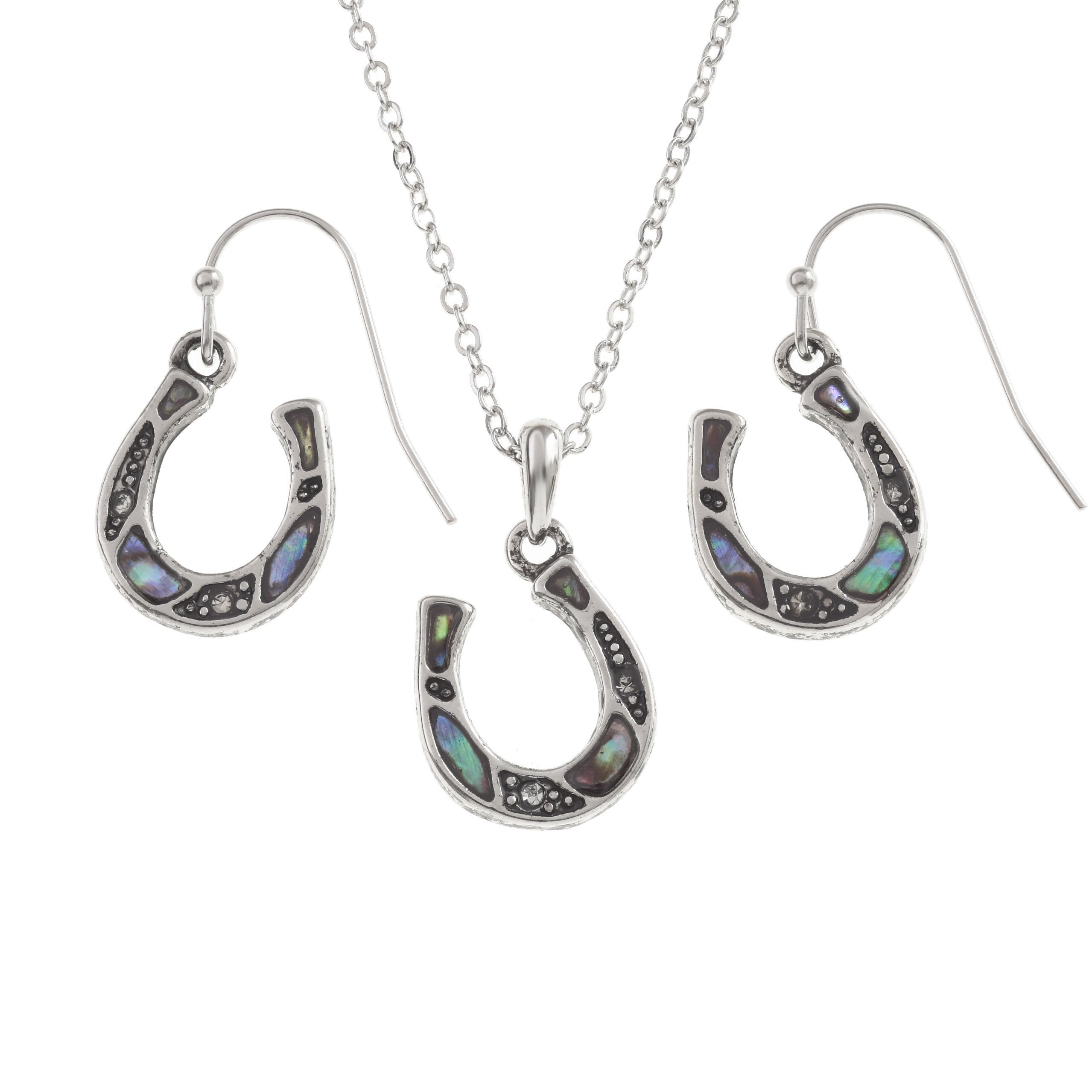 Kiara Jewellery Horseshoe Boxed Set of Pendant Inlaid With Natural greenish blue Paua Abalone Shell on 18" Trace Chain Together With Matching Hypoallergenic Rhodium plated Earrings.
