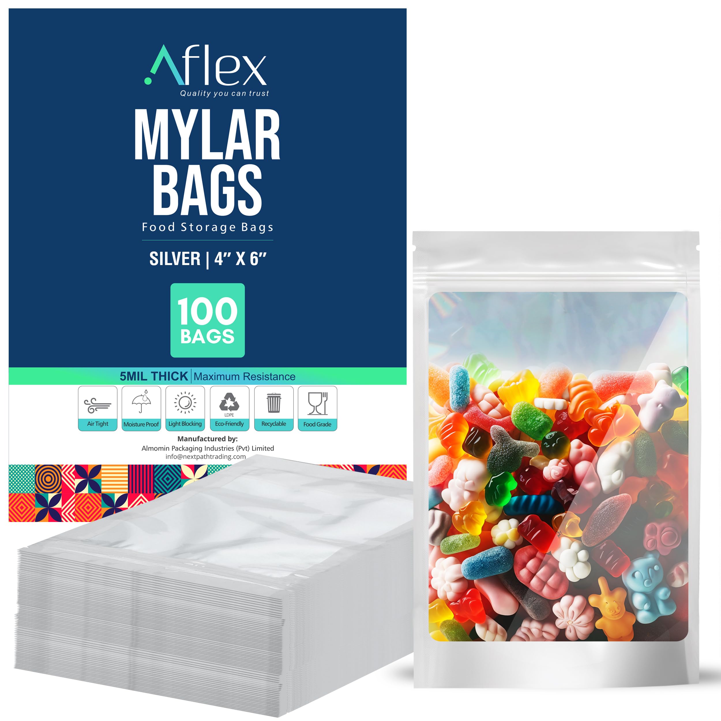 Photo 1 of AFLEX 100 Pack Resealable Mylar Bags for Food Storage, Premium Quality Mylar Food Storage Bags, Silver Bags for Candy, Resealable Bags for Packaging Cosmetics, Medicines & Jewelries (4" x 6")