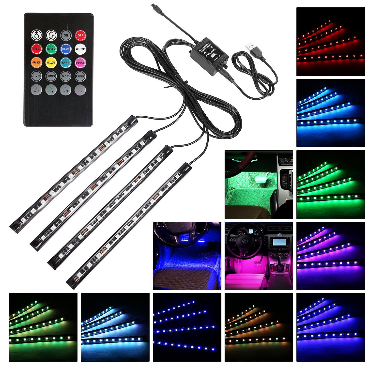 Guaiboshi Luz Interior Coche 4 Piezas 48 lámparas USB Auto Interior Atmósfera Iluminación Ambiente Tira de Luz Impermeable IP65 Música Activada kit