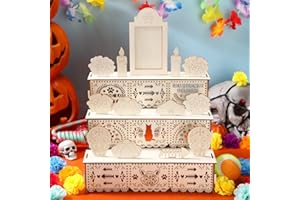 Pinkunn Altar De Muertos Vela Para Animalitos Mascotas Gato Perro Cat Three-tier Ofrenda, Poplar Plywood Self Painting Color Sugar Skull Cat, Paw and Fish Bones Day of The Dead Supplies Decoration