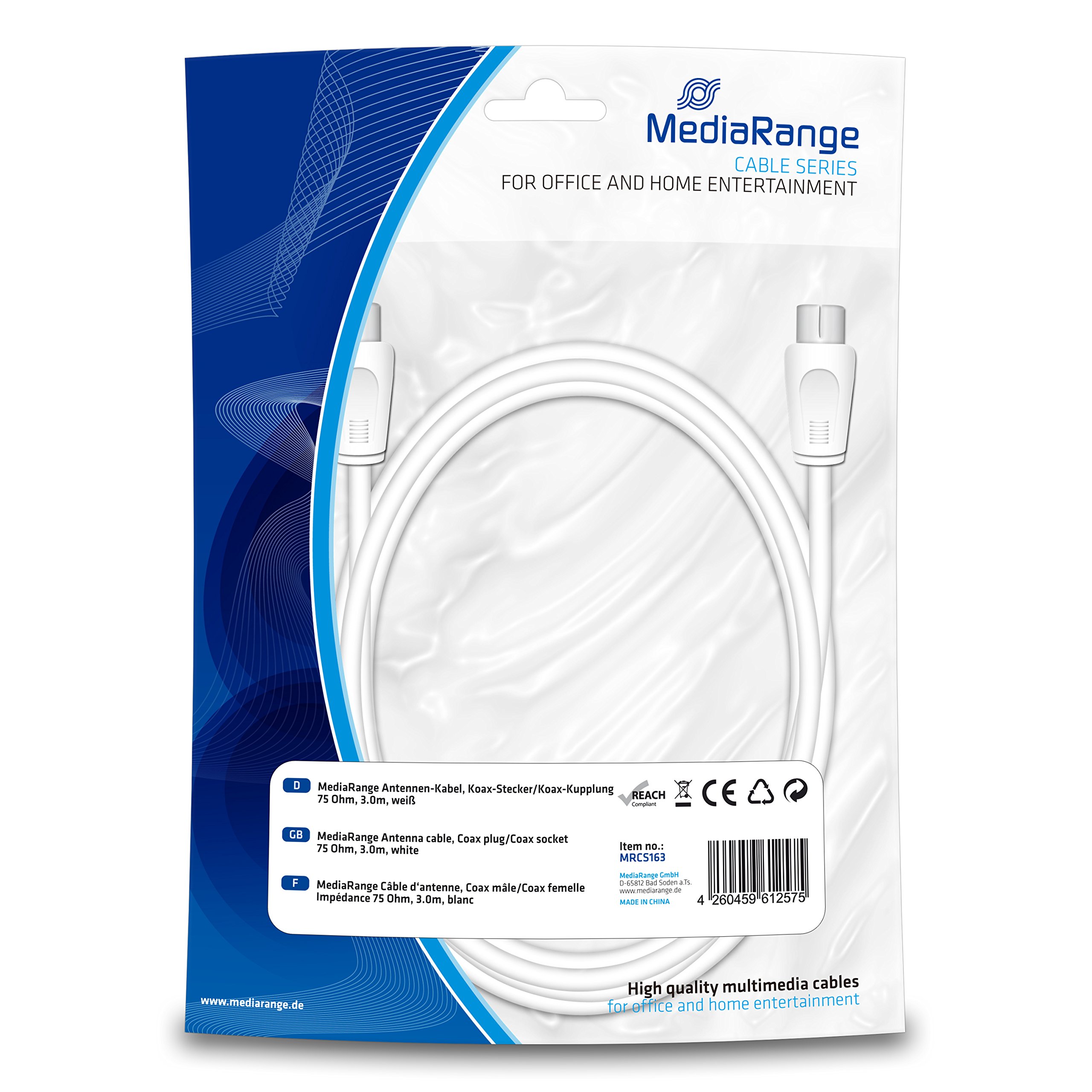 MediaRange MRCS163 Aerial Cable 75 Ohm Coaxial Male to Coaxial Female 3.0 m White