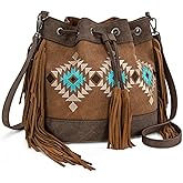 Montana West Aztec Bucket Bags for Women Western Fringe Crossbody Bag Ladies Vintage Drawstring Bucket Bag
