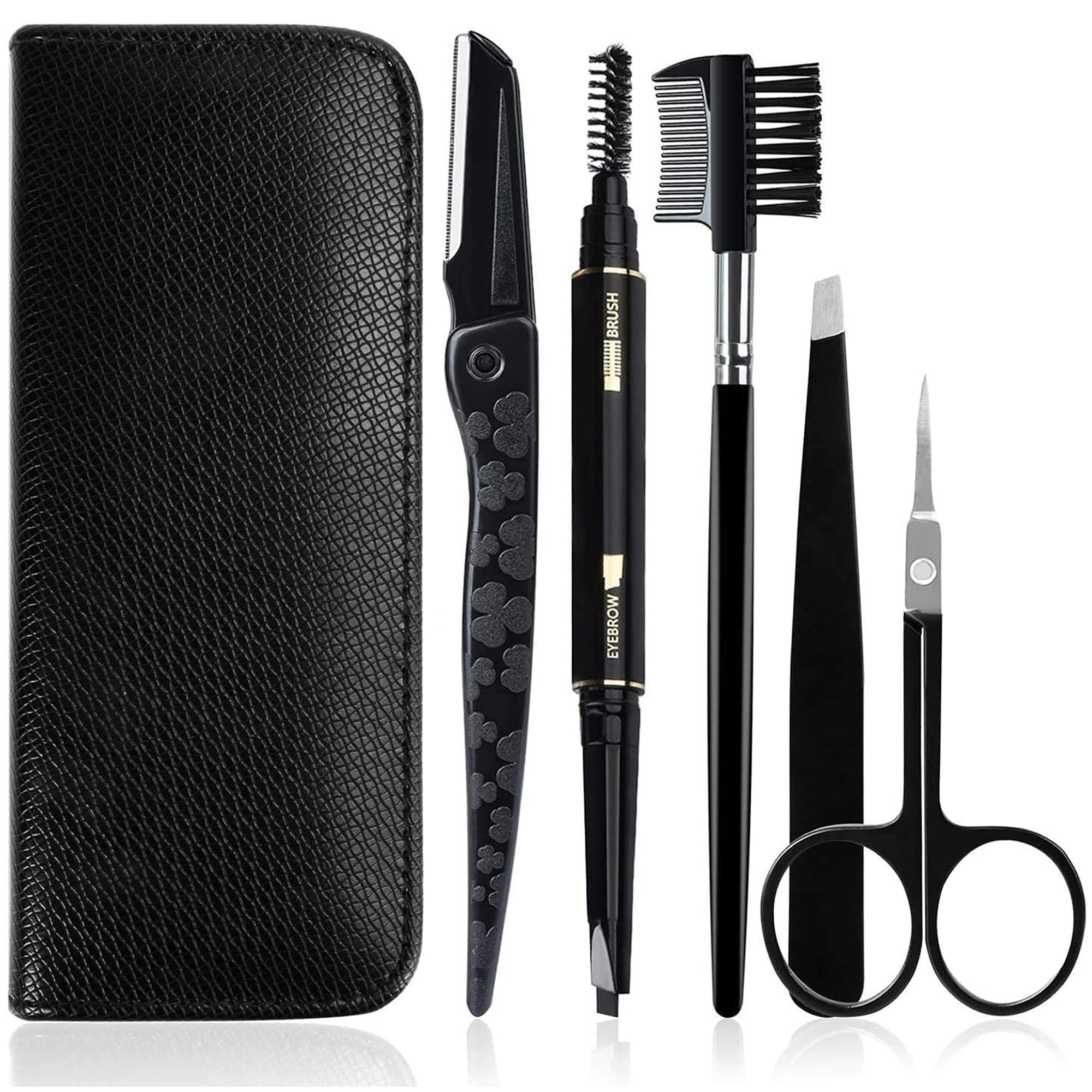Gibot Stainless Steel Eyebrow Grooming Kit - 5pcs Set with Tweezers, Scissors, Brush Comb, Pencil, Razor and Travel Case for Women and Men, Black