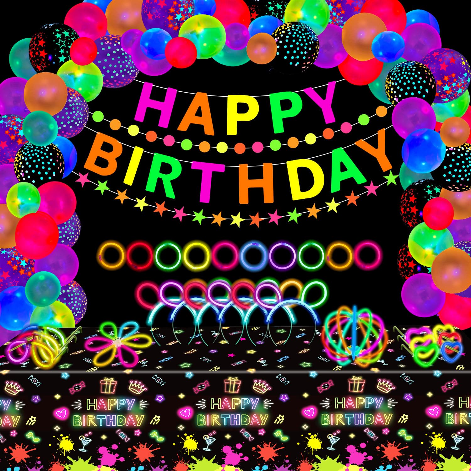 173 Pack Glow Neon Party Supplies Glow Sticks Party Decorations Black Light Reactive Decor Set - Fluorescent Banner, Neon Garlands, Glow in The Dark Balloons, Graffiti Tablecloth, Light Up Sticks