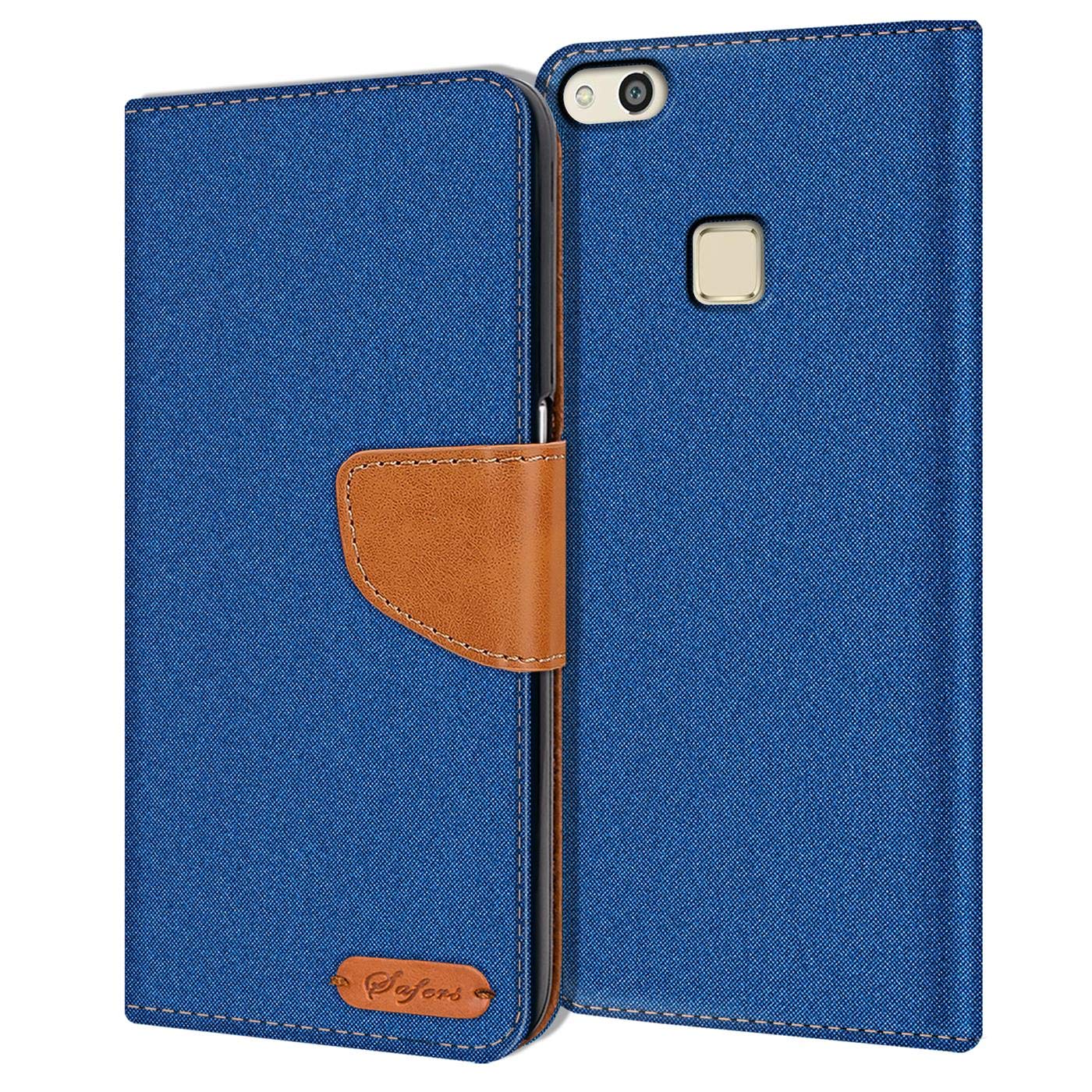 Verco Phone Wallet Case compatible with the Huawei P10 Lite, Canvas Faux Leather Book Cover for the P10 Lite Flip Case Bag Hinged - Blue