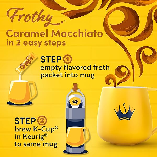GEVALIA FROTHY 2-STEP ARTIFICIALLY FLAVORED CARAMEL MACCHIATO ESPRESSO STYLE K-CUP COFFEE PODS & FROTH PACKETS KIT, 6 CT BOX