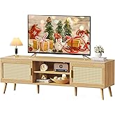 SUPERJARE Boho TV Stand for 65 Inch TV, Entertainment Center with Adjustable Shelf, Rattan TV Console with 2 Cabinets, Media Console, Solid Wood Feet, 4 Cord Holes, for Living Room - Natural