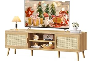 SUPERJARE Boho TV Stand for 65 Inch TV, Entertainment Center with Adjustable Shelf, Rattan TV Console with 2 Cabinets, Media Console, Solid Wood Feet, 4 Cord Holes, for Living Room - Natural