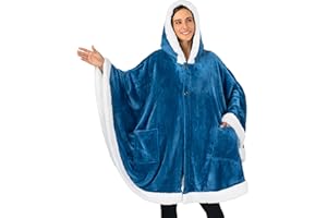 PAVILIA Wearable Blanket for Adult Women, Cozy Plush Fleece Blanket Poncho Cape with Hood, Super Soft Shawl, Angel Wrap Throw for Office, Turquoise Sea Blue