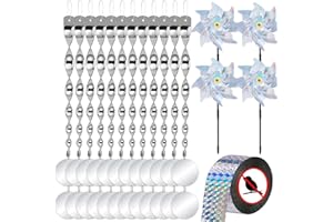 QUUNOOT 41Pcs Bird Deterrent Devices Outdoor Set,12Pcs Bird Reflective Scare Rods with 24Pcs Bird Scare Discs Double-Sided,4Pcs Reflective Pinwheels with Stakes,1Pcs Bird Scare Tape Ribbon for Yard,Garden