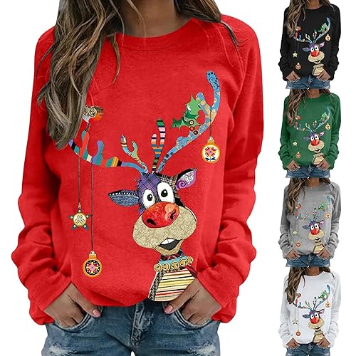 tacniseyw Christmas Jumpers For Women Reindeer Graphic Print Christmas Sweatshirt Ladies Long Sleeve Shirt Ugly Crewneck Pullover Sweat Causal Xmas Shirt Winter Novelty Funny Graphic Tops Oversized