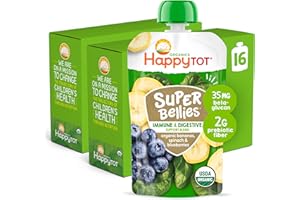 HAPPYTOT Organics Stage 4 Baby Food Pouches, Gluten Free, Vegan Snack, Super Bellies, Fruit & Veggie Puree, Banana, Spinach & Blueberries 4 Ounce (Pack of 16)