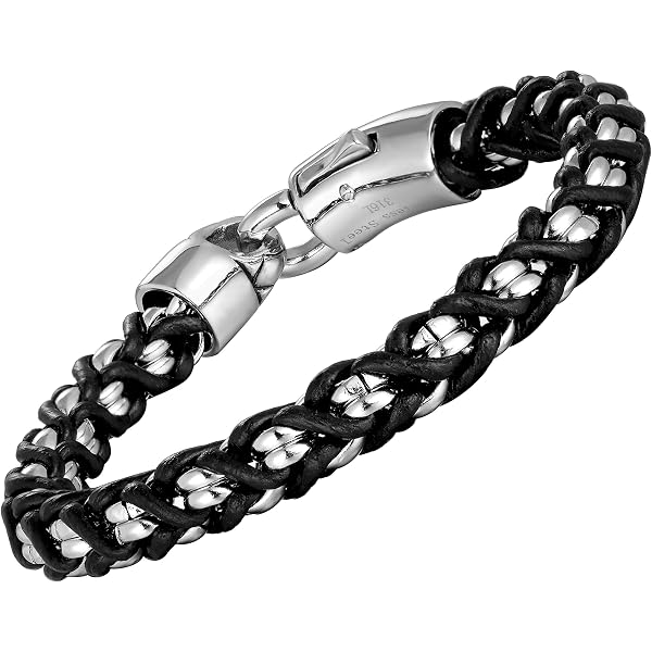 Men's Stainless Steel & Leather Bracelet - Silver/Black, Rust Resistant, 8.46 Inch, Jewelry Gift For Him - View #3