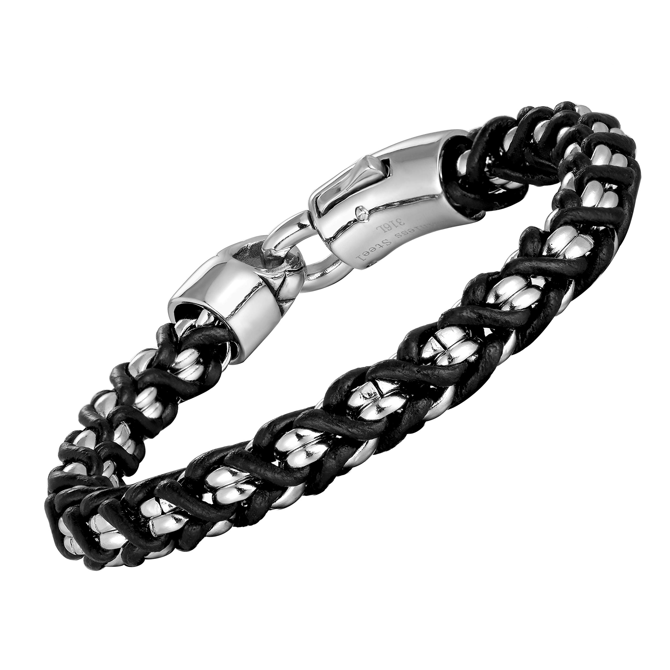Men’s Bracelet – Ancient Pattern Design in a Polished Silver Finish and Black Leather Rope Chain – Made of Stainless Steel and Genuine Leather – Gift for Him (8.5 inch 22cm), Leather, no gemstone