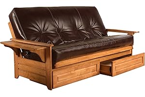 CORDOVA FUTONS Lakefront Complete Futon - Drawers, Frame and Mattress Set - Arm Tray 8" Innerspring Queen Size Sofa Under Bed Storage Lounger (Cappuccino, Queen)