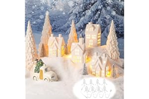 Yuntau 17 Pcs Ceramic White Christmas Village Sets LED Lighted Ceramic Winter Village Houses Porcelain Christmas Tree Plastic Vintage Truck for Xmas Winter Party Table Centerpiece Decorations