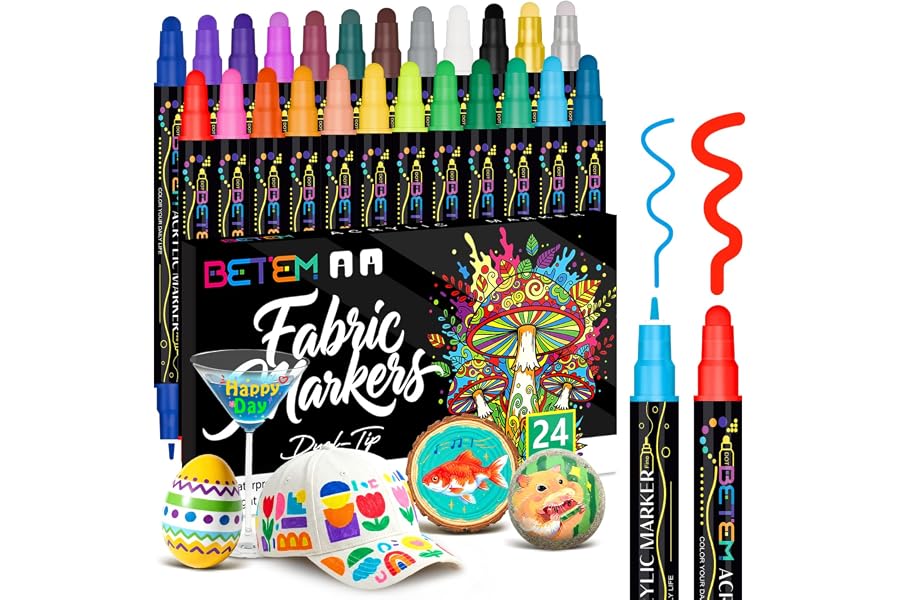 Betem 24 Colors Dual Tip Acrylic Paint Markers, Fabric Decorating Kits Premium Water-Based Acrylic Paint Pens Art Supplies for Fabric, Rock, Wood, Glass, Canvas, Ceramic, Teacher Appreciation Gift